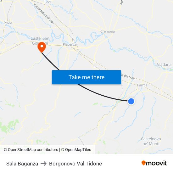 Sala Baganza to Borgonovo Val Tidone map