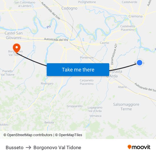 Busseto to Borgonovo Val Tidone map