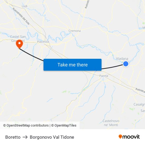 Boretto to Borgonovo Val Tidone map