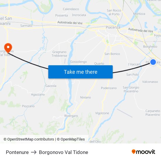 Pontenure to Borgonovo Val Tidone map