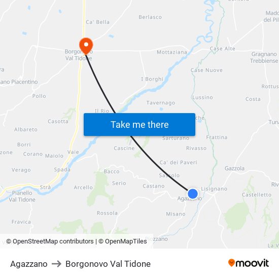 Agazzano to Borgonovo Val Tidone map