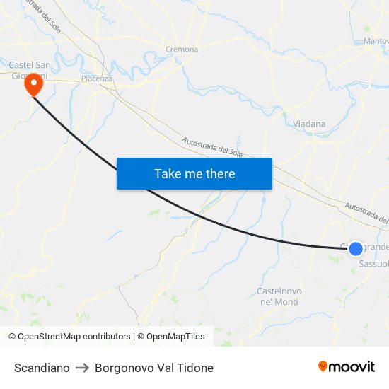 Scandiano to Borgonovo Val Tidone map