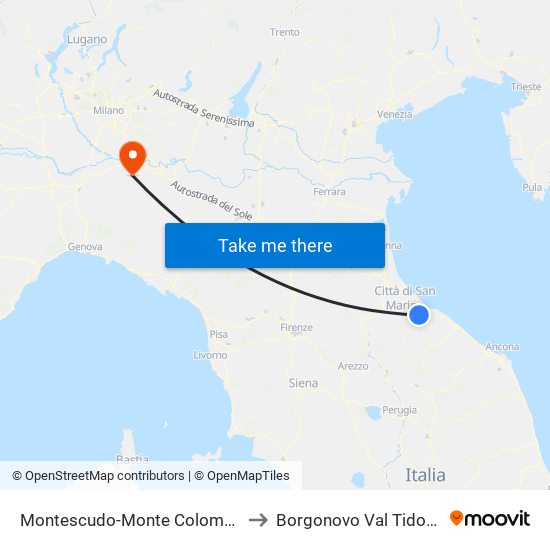 Montescudo-Monte Colombo to Borgonovo Val Tidone map