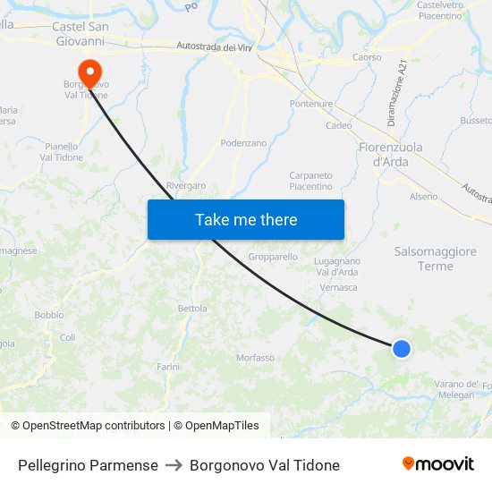 Pellegrino Parmense to Borgonovo Val Tidone map