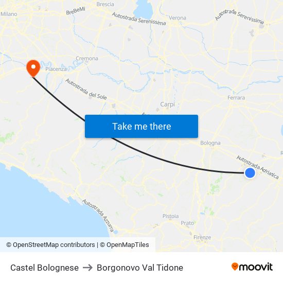 Castel Bolognese to Borgonovo Val Tidone map