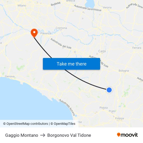 Gaggio Montano to Borgonovo Val Tidone map