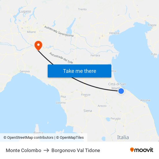 Monte Colombo to Borgonovo Val Tidone map