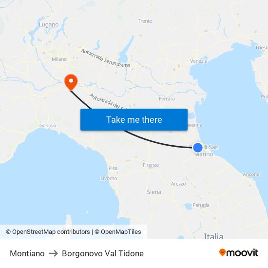 Montiano to Borgonovo Val Tidone map