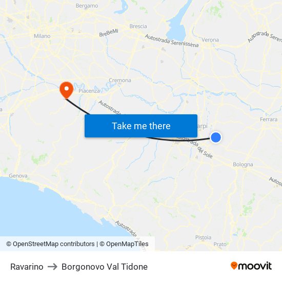 Ravarino to Borgonovo Val Tidone map