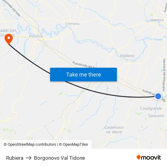 Rubiera to Borgonovo Val Tidone map