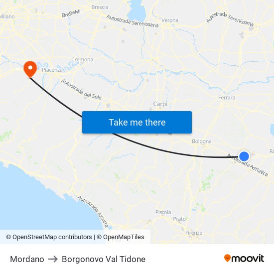 Mordano to Borgonovo Val Tidone map