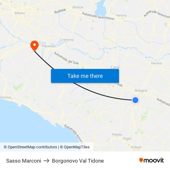 Sasso Marconi to Borgonovo Val Tidone map