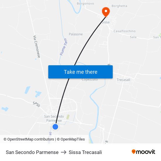 San Secondo Parmense to Sissa Trecasali map