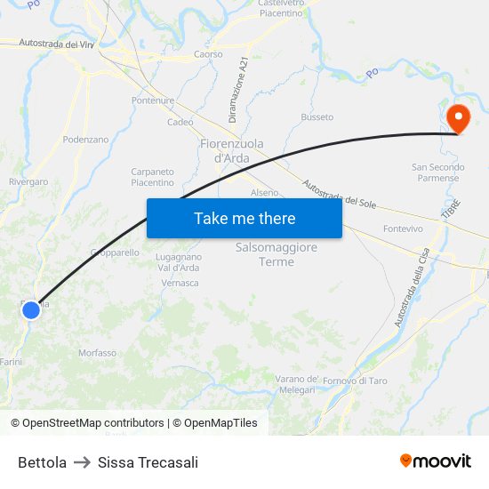 Bettola to Sissa Trecasali map