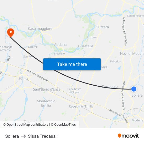 Soliera to Sissa Trecasali map