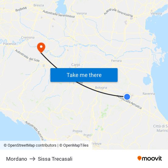 Mordano to Sissa Trecasali map