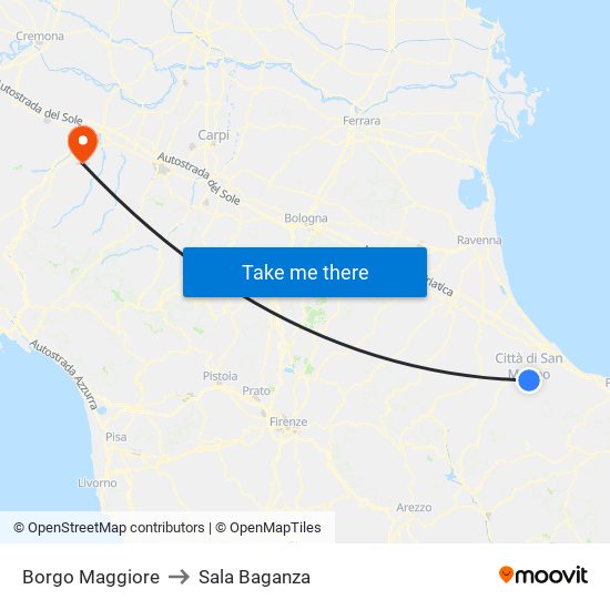 Borgo Maggiore to Sala Baganza map
