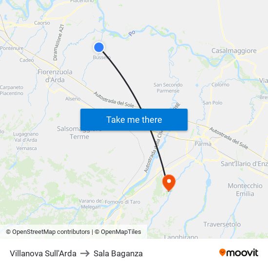 Villanova Sull'Arda to Sala Baganza map