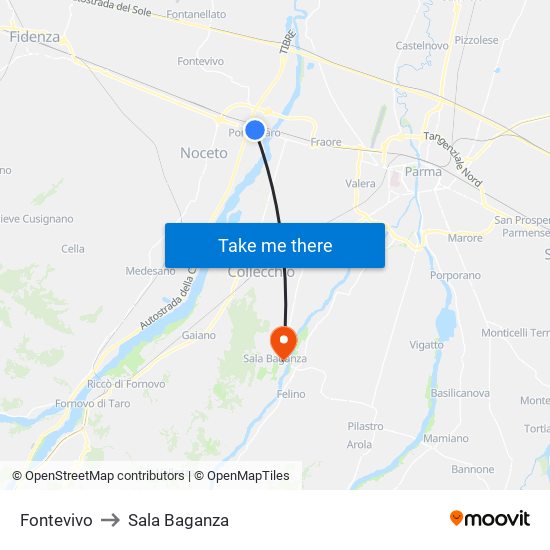 Fontevivo to Sala Baganza map