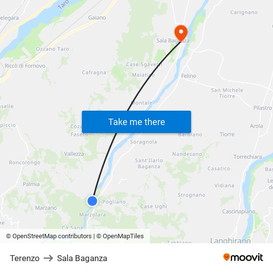 Terenzo to Sala Baganza map