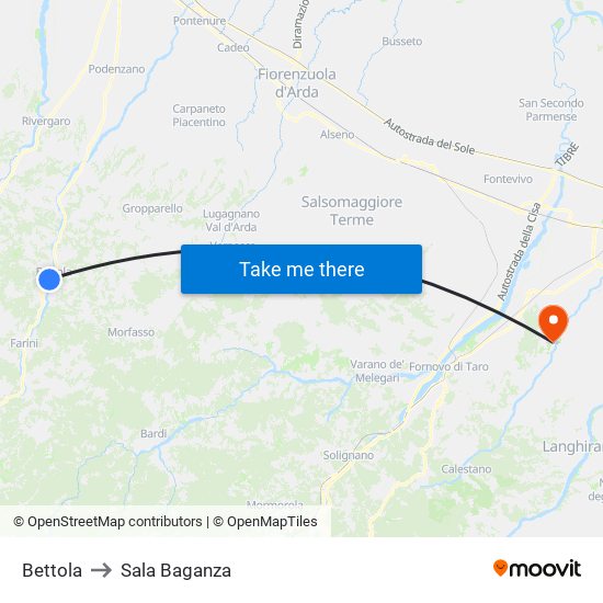 Bettola to Sala Baganza map