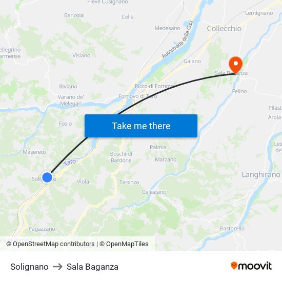 Solignano to Sala Baganza map