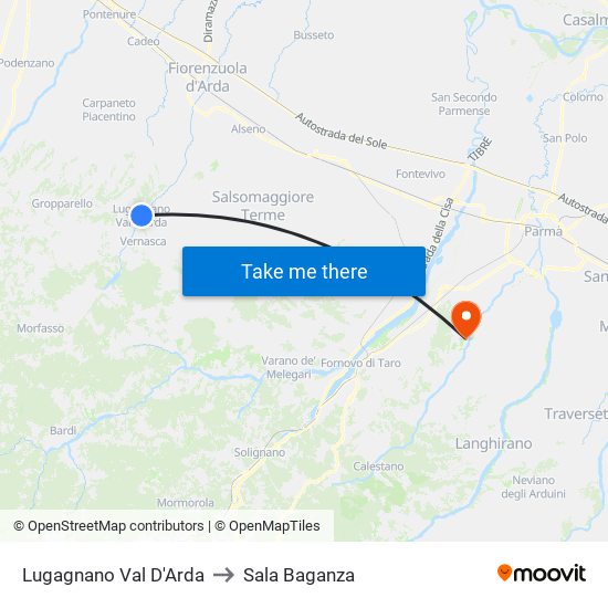 Lugagnano Val D'Arda to Sala Baganza map