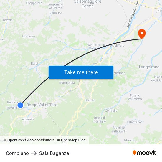 Compiano to Sala Baganza map