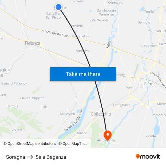 Soragna to Sala Baganza map