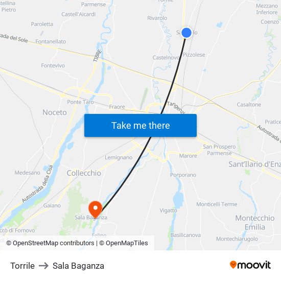 Torrile to Sala Baganza map