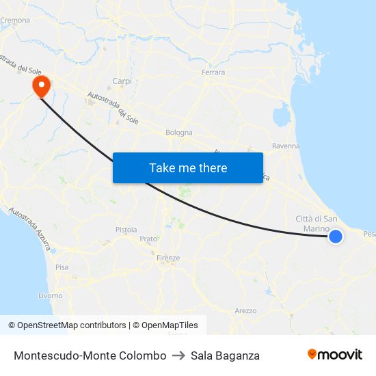 Montescudo-Monte Colombo to Sala Baganza map