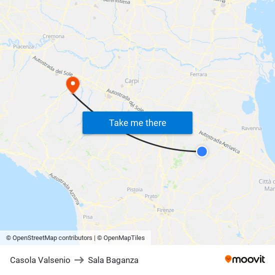 Casola Valsenio to Sala Baganza map