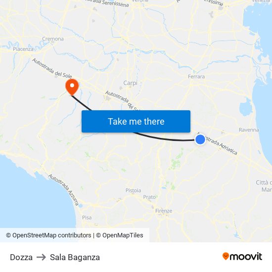 Dozza to Sala Baganza map