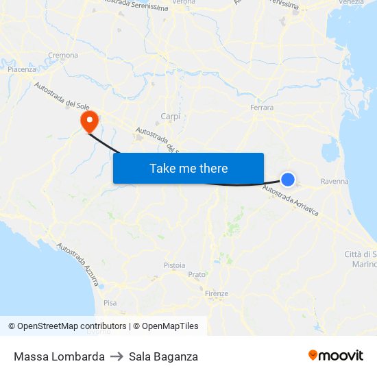 Massa Lombarda to Sala Baganza map