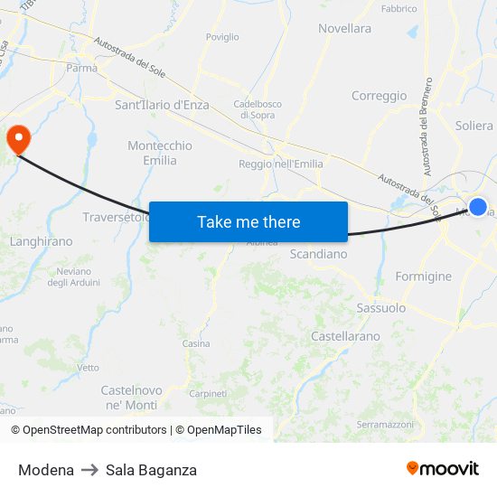 Modena to Sala Baganza map