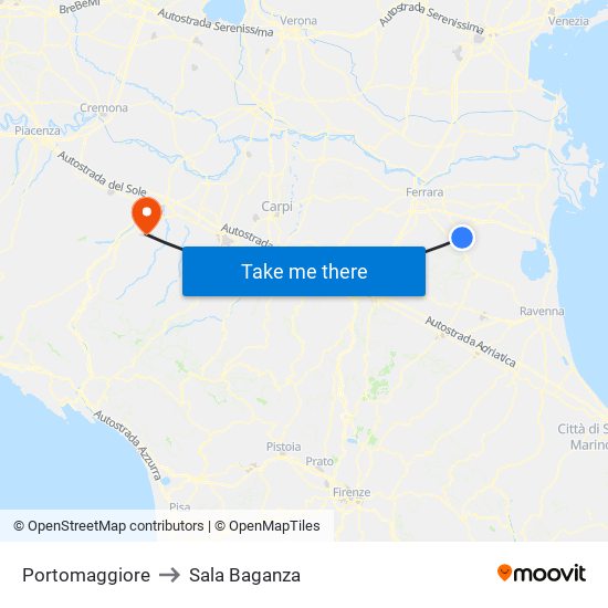 Portomaggiore to Sala Baganza map