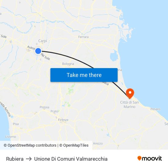 Rubiera to Unione Di Comuni Valmarecchia map
