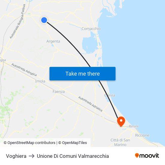 Voghiera to Unione Di Comuni Valmarecchia map