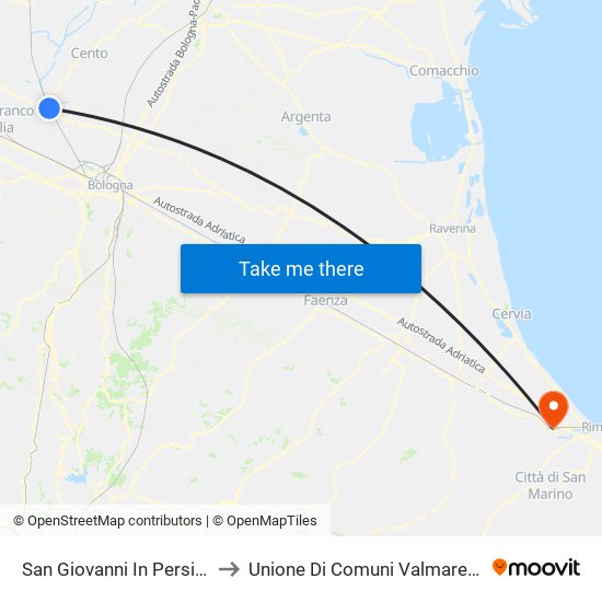San Giovanni In Persiceto to Unione Di Comuni Valmarecchia map
