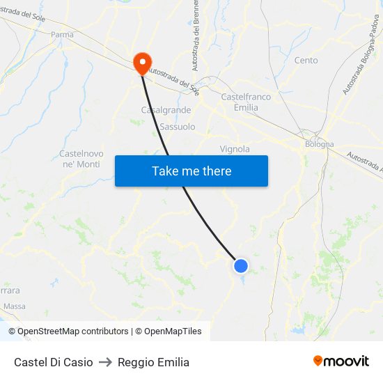 Castel Di Casio to Reggio Emilia map