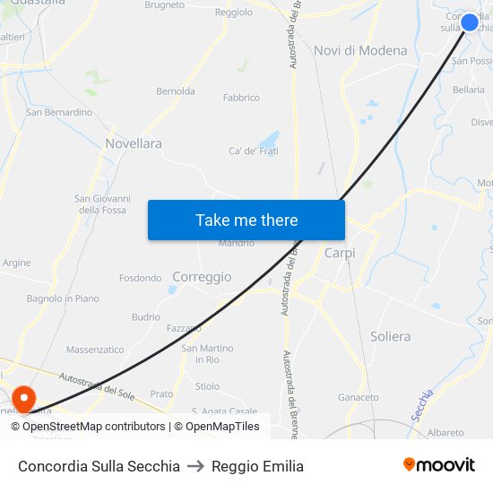 Concordia Sulla Secchia to Reggio Emilia map