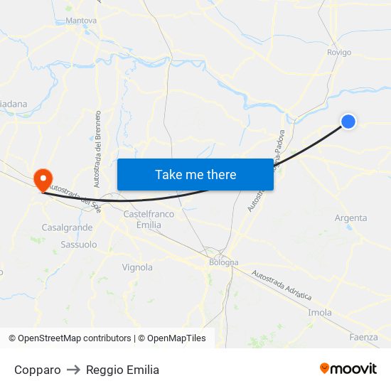 Copparo to Reggio Emilia map