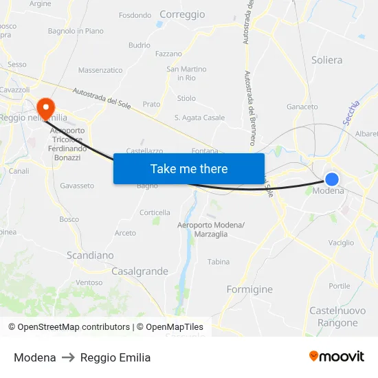 Modena to Reggio Emilia map