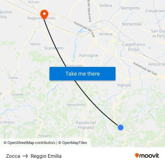Zocca to Reggio Emilia map