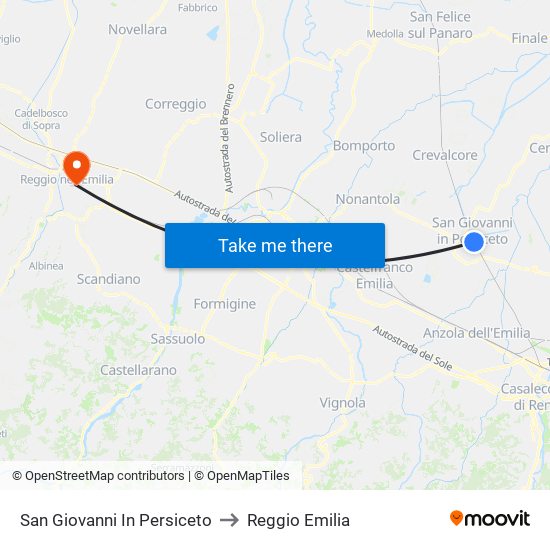 San Giovanni In Persiceto to Reggio Emilia map