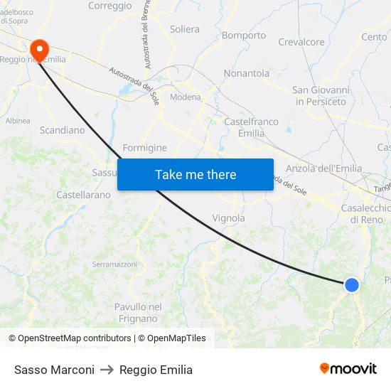 Sasso Marconi to Reggio Emilia map