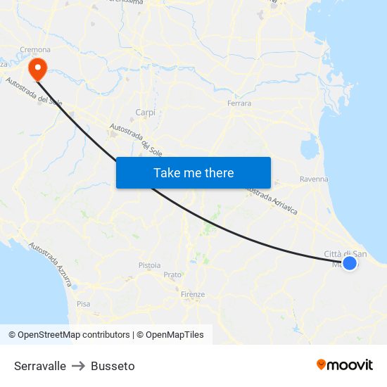 Serravalle to Busseto map
