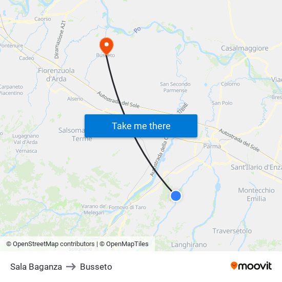 Sala Baganza to Busseto map