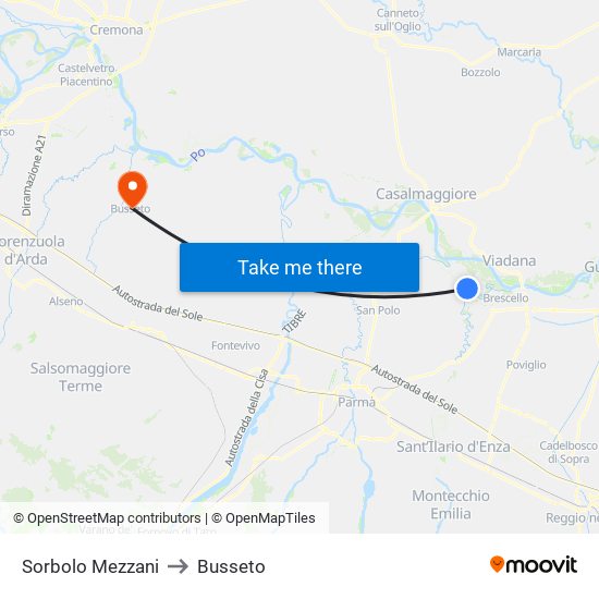Sorbolo Mezzani to Busseto map