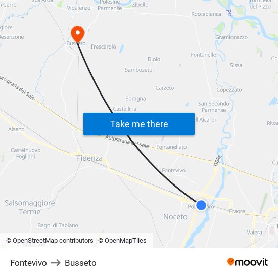 Fontevivo to Busseto map